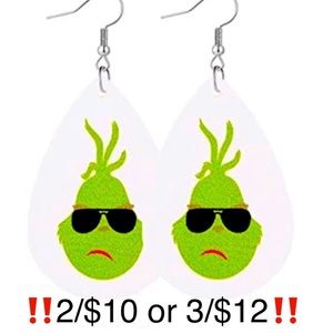 Grinch Earrings Dangling Faux Leather Grinch Sunglasses Green White Christmas
